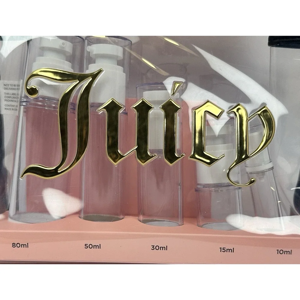 Juicy Couture TSA Approved Travel Bottle Set Clear Cosmetic Bag 5 Bottles